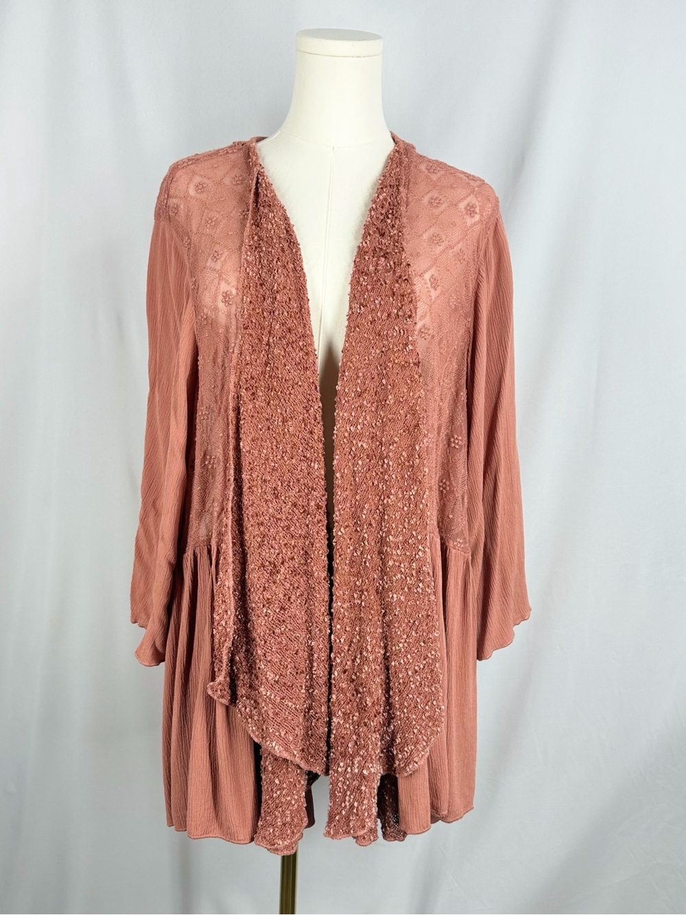 Boho Dusty Rose Pink Lace Crochet Duster Cardigan Open Front Sheer Layered